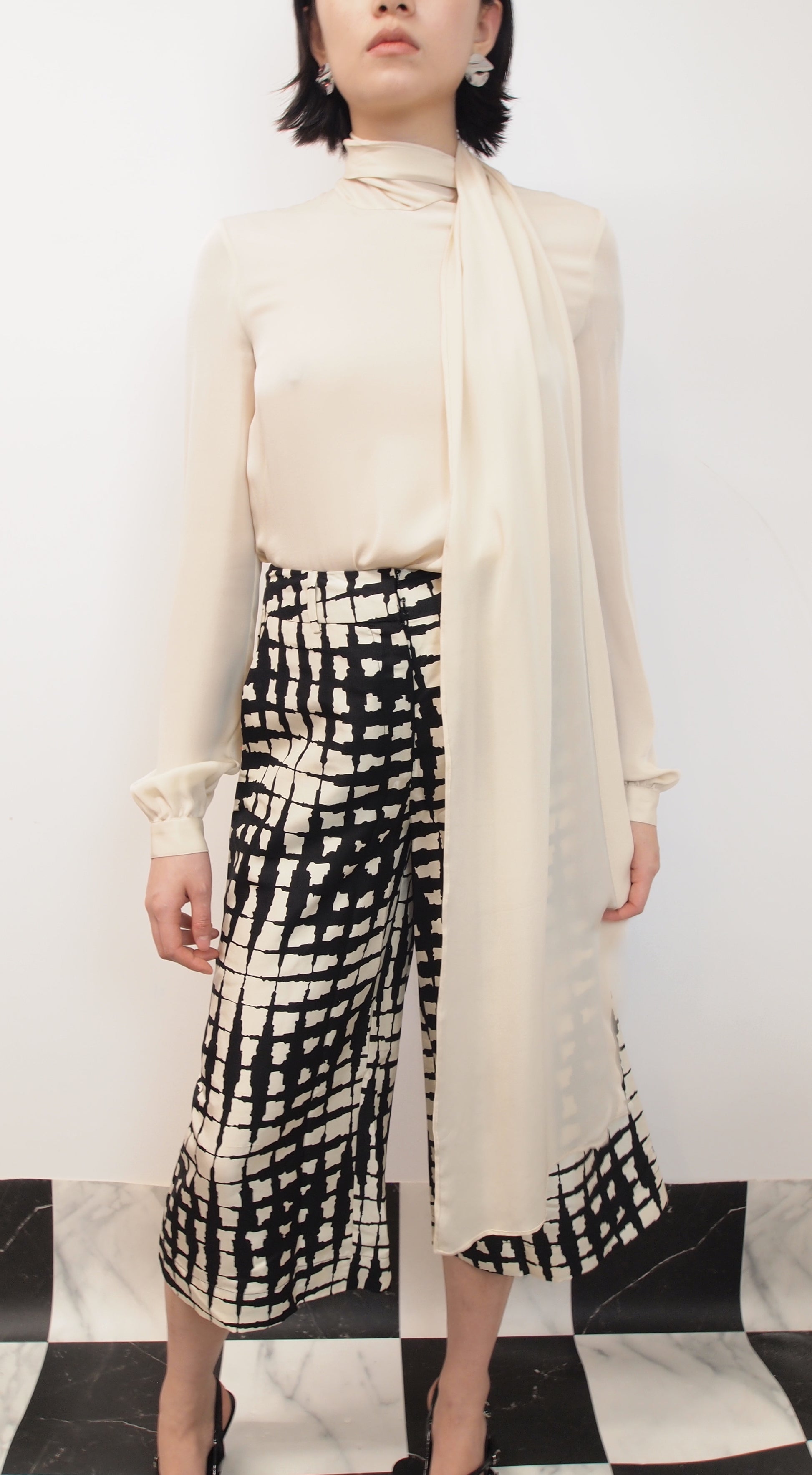 Cream Blouse with Scarf Neck