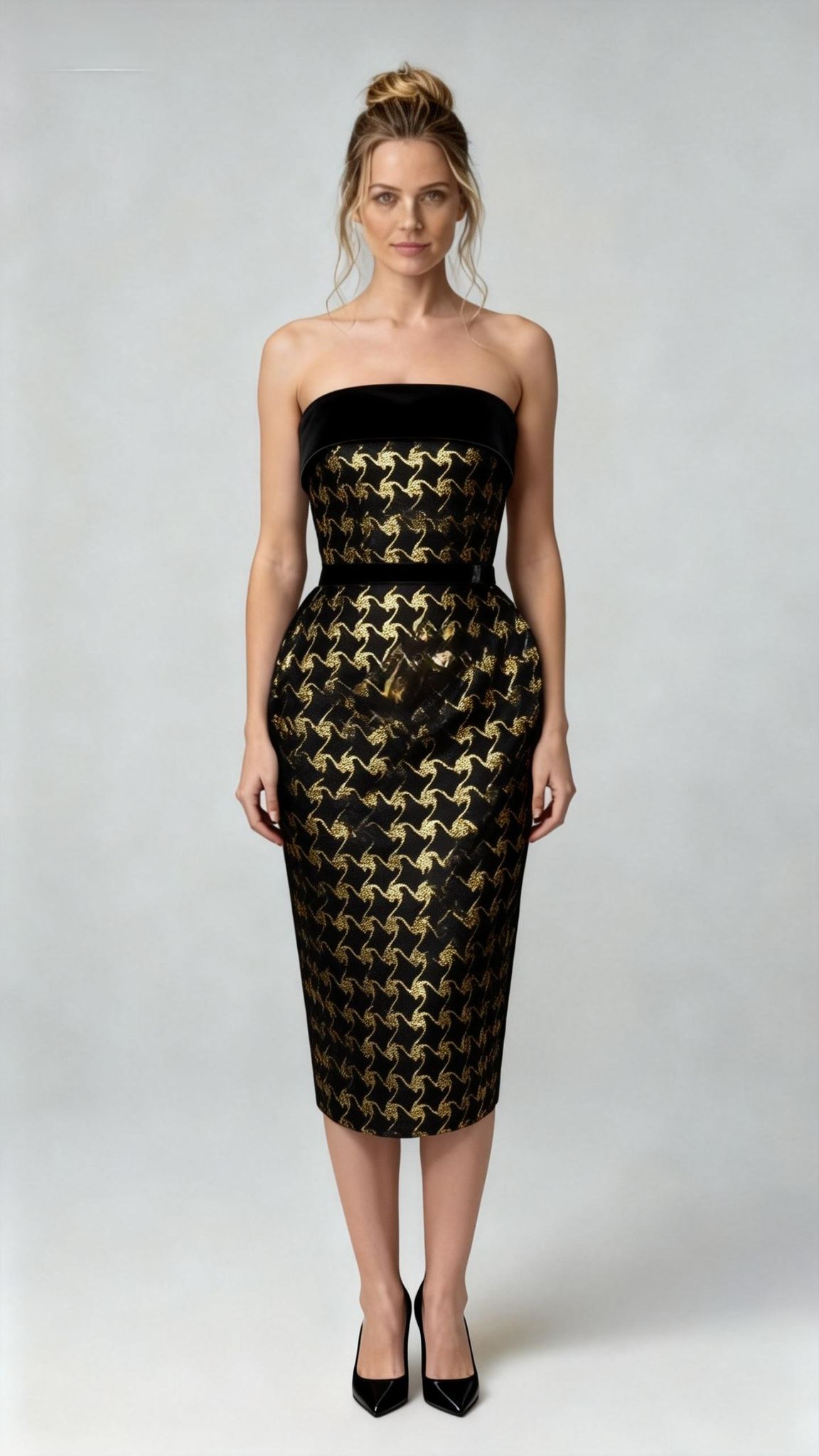 green emerald velvet dress Black and Gold Houndstooth Pencil Skirt