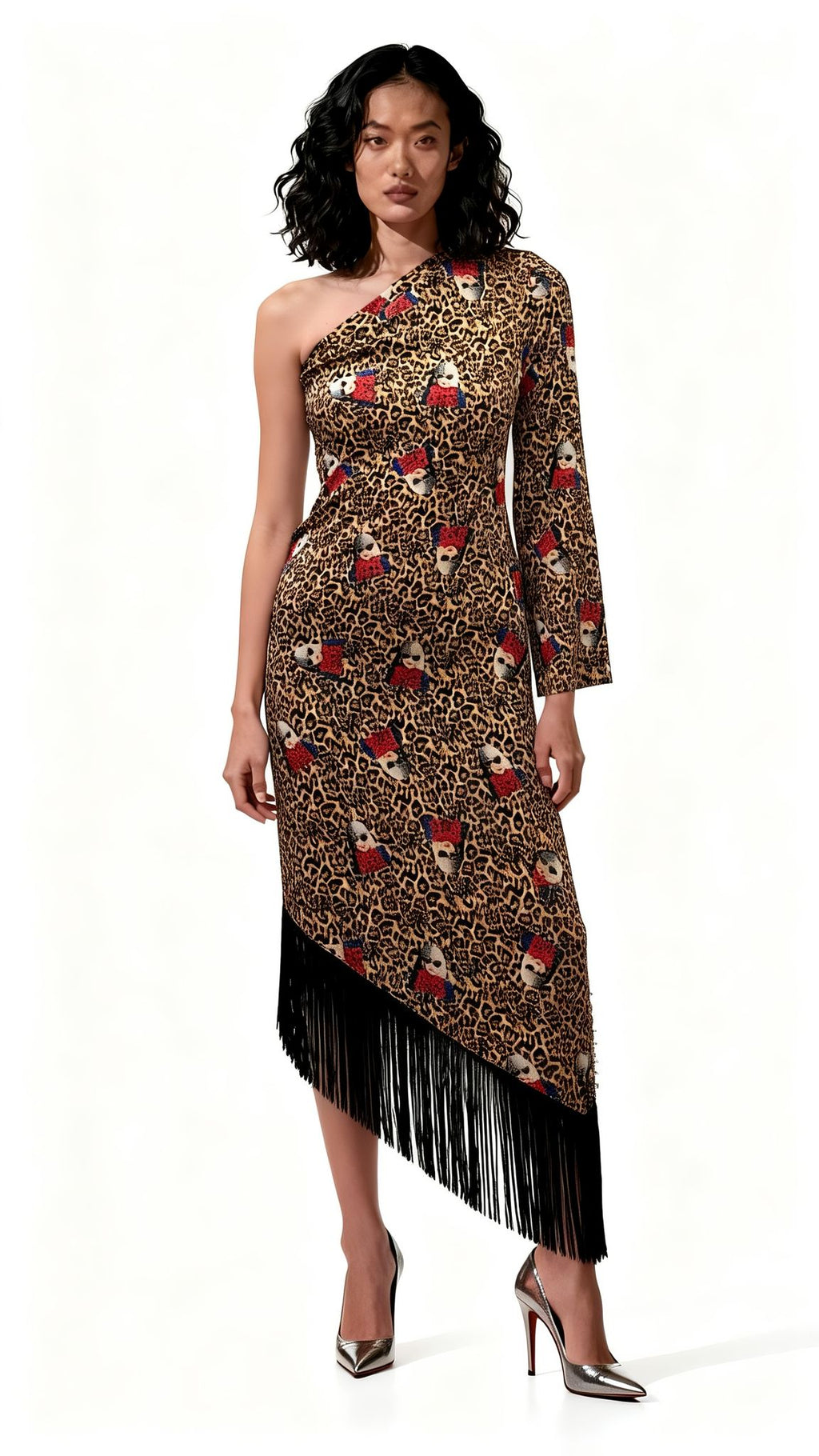 One Shoulder Leopard Silk Fringe Dress