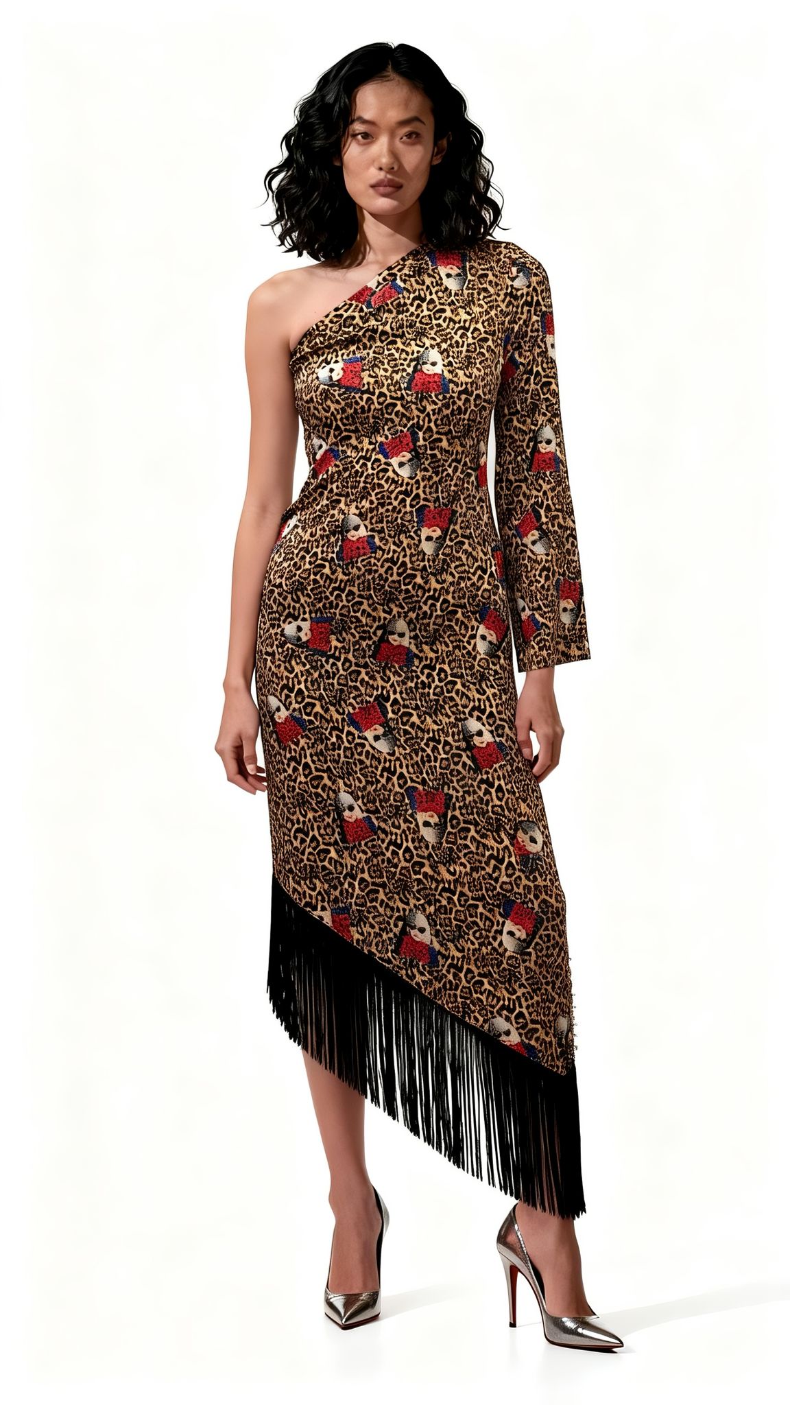 One Shoulder Leopard Silk Fringe Dress