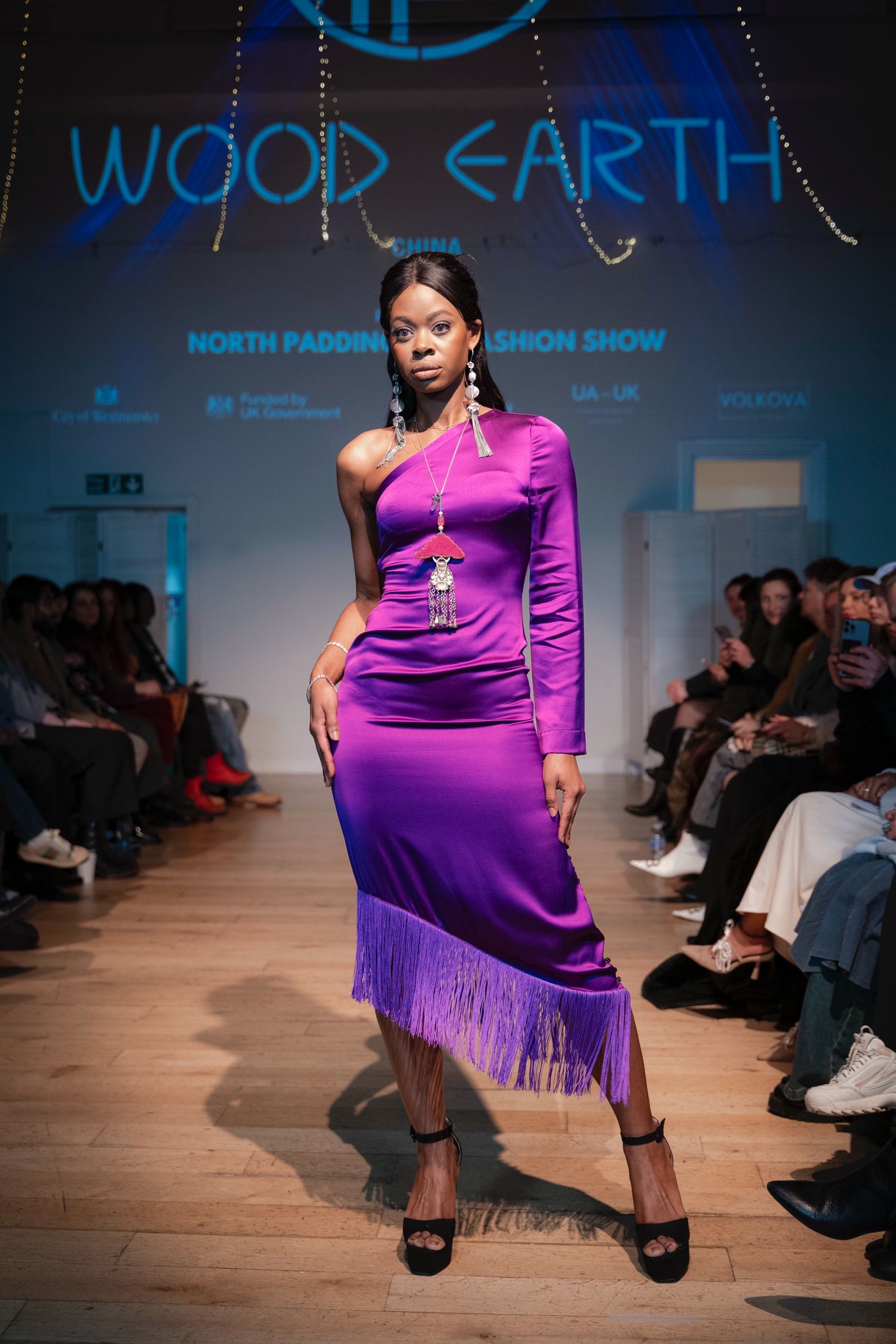 One Shoulder Purple Silk Fringe Dress