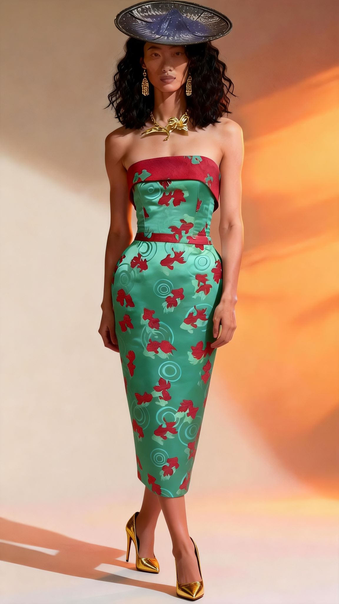 100% Silk Green Red Golden Fish Corset