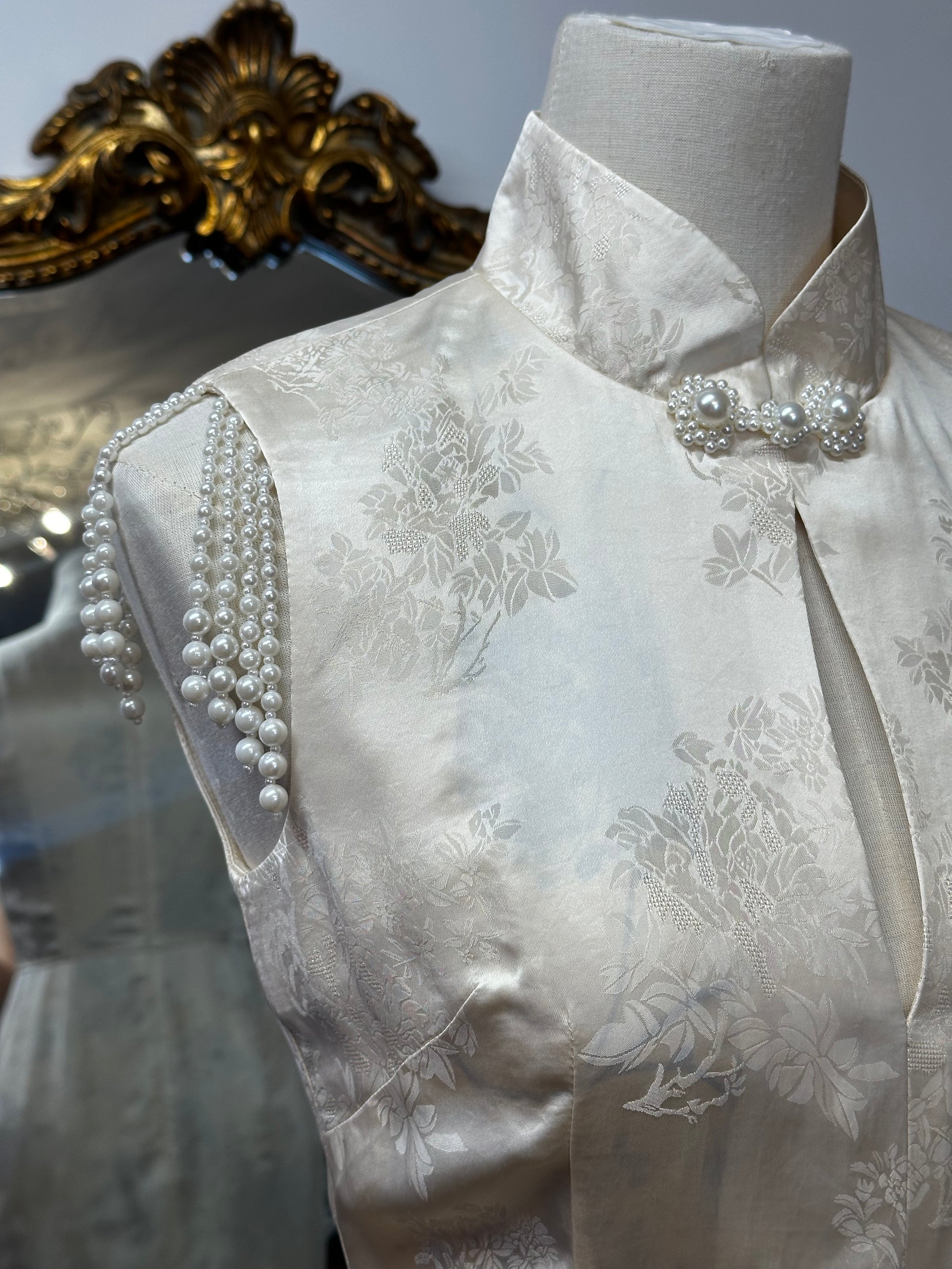 Cream Qipao with Light Floral-print