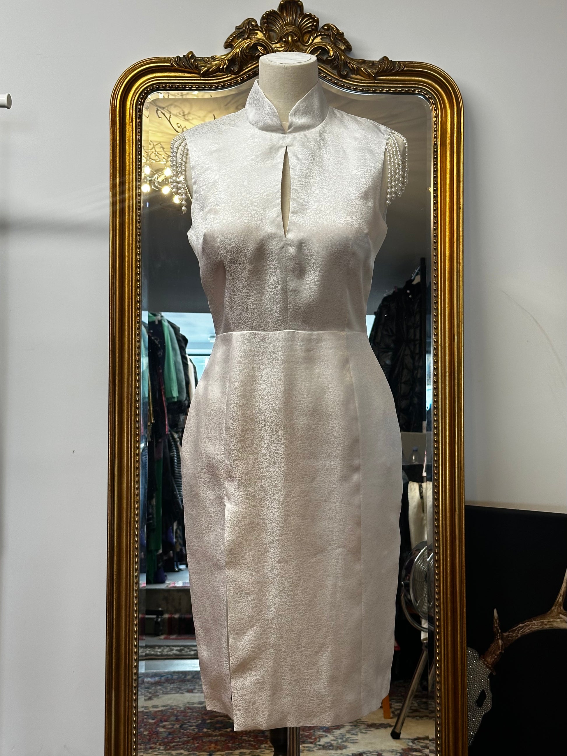 White Qipao with Petal-like Print