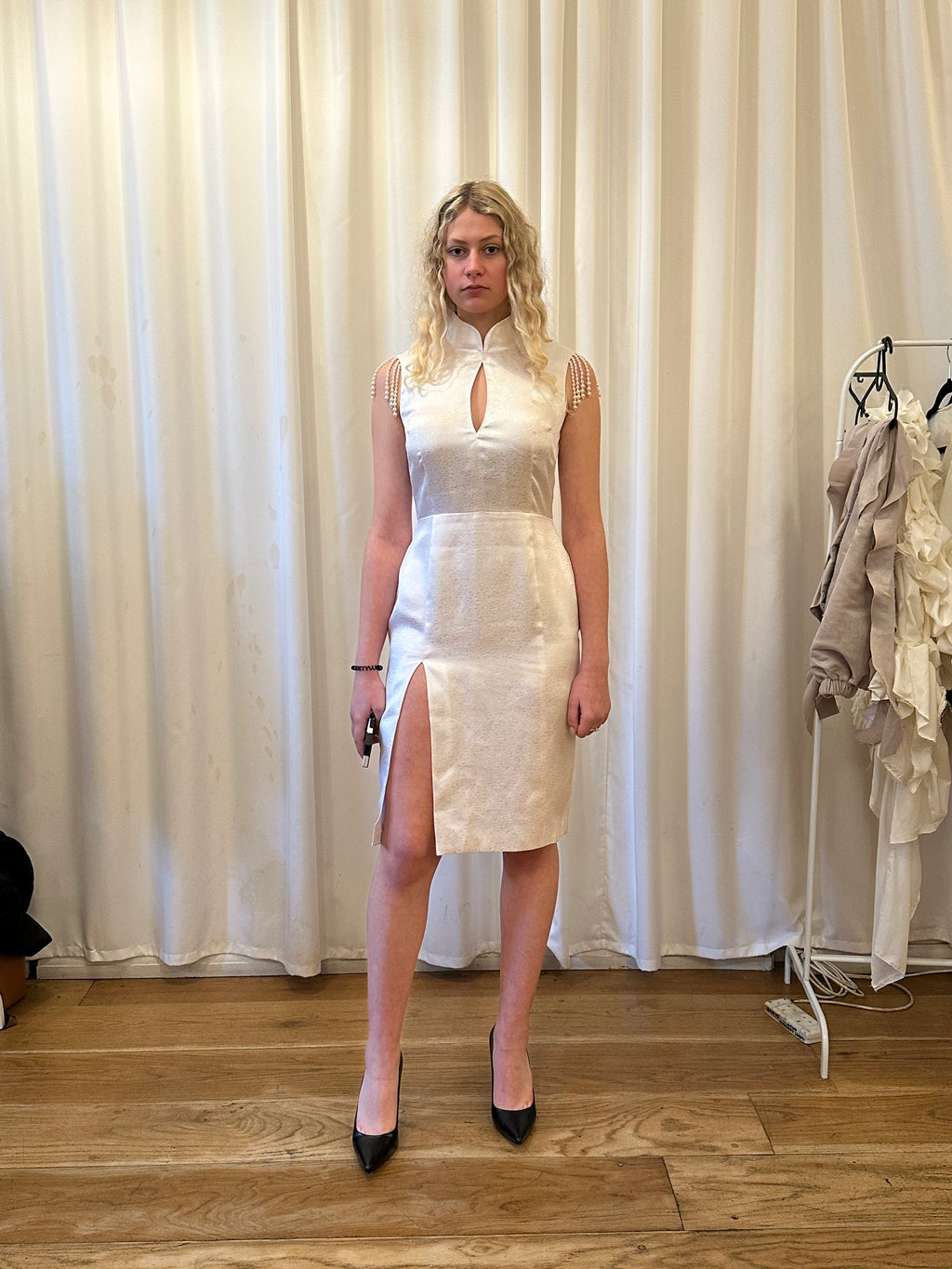 White Qipao with Petal-like Print