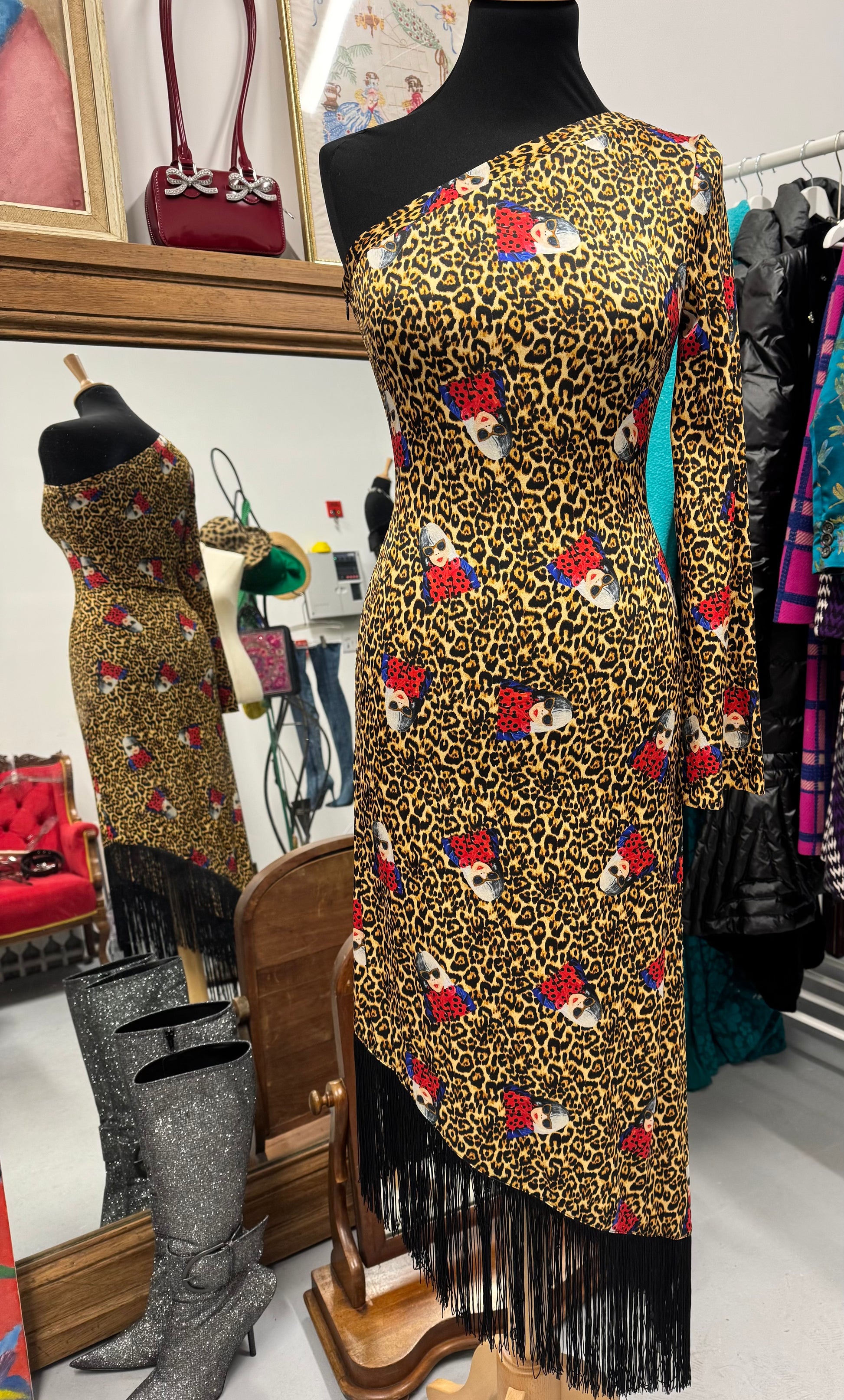 One Shoulder Leopard Silk Fringe Dress