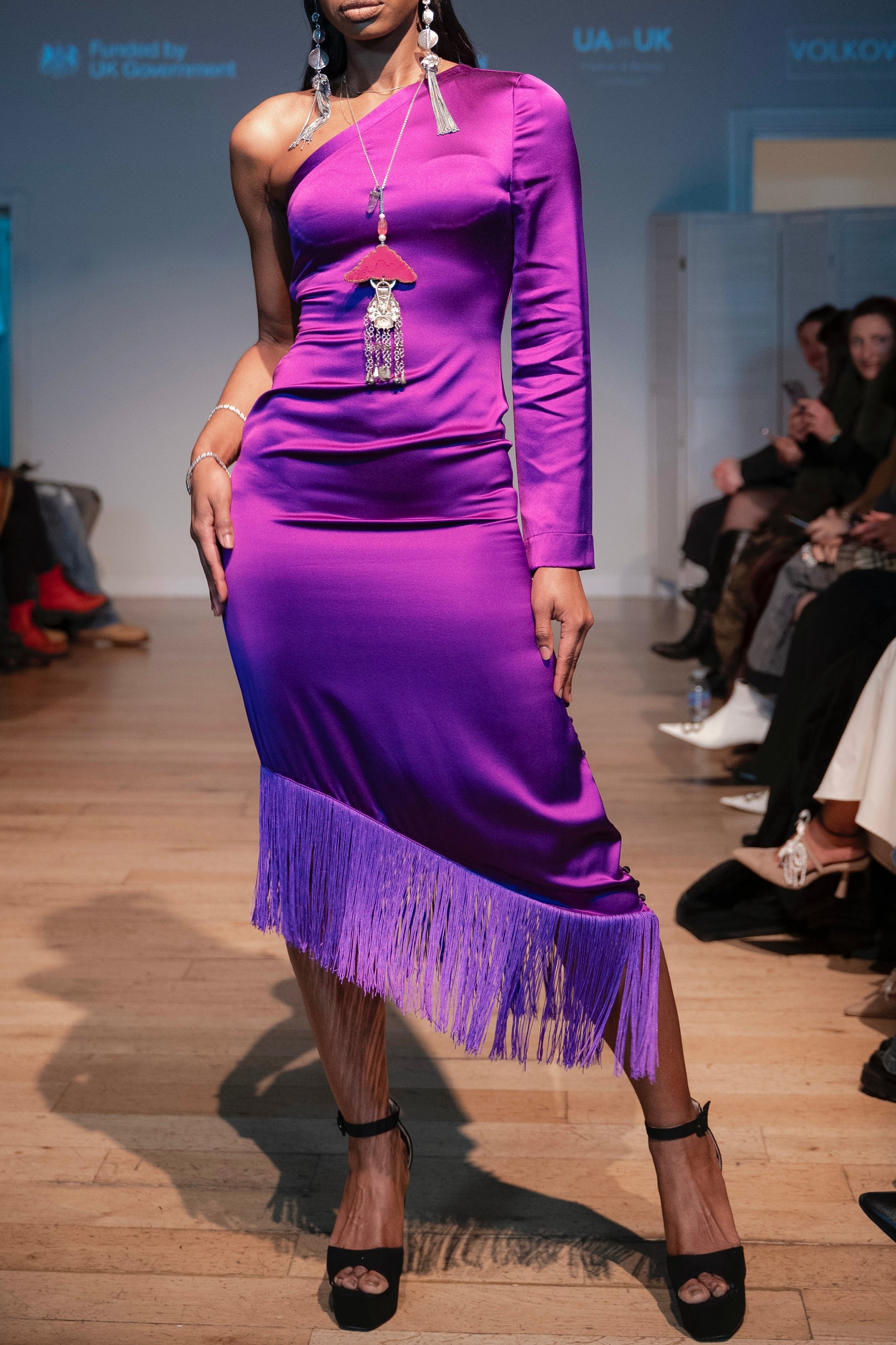 One Shoulder Purple Silk Fringe Dress