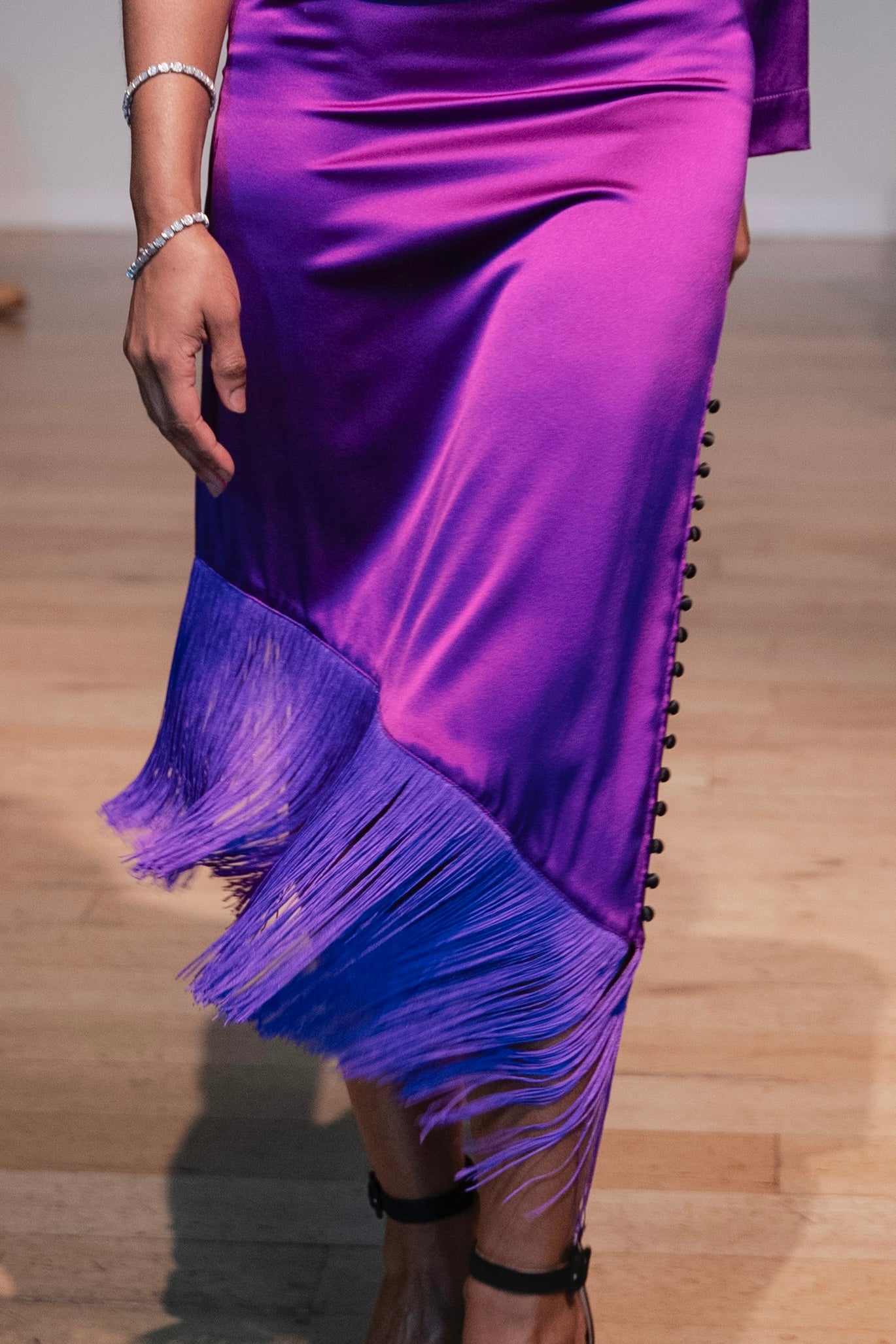 One Shoulder Purple Silk Fringe Dress