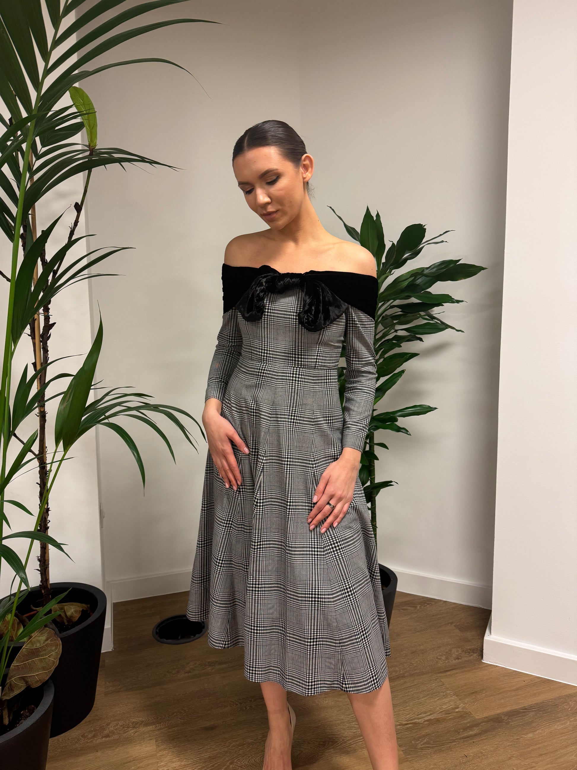 Off-shoulder Checked Maxi Dress