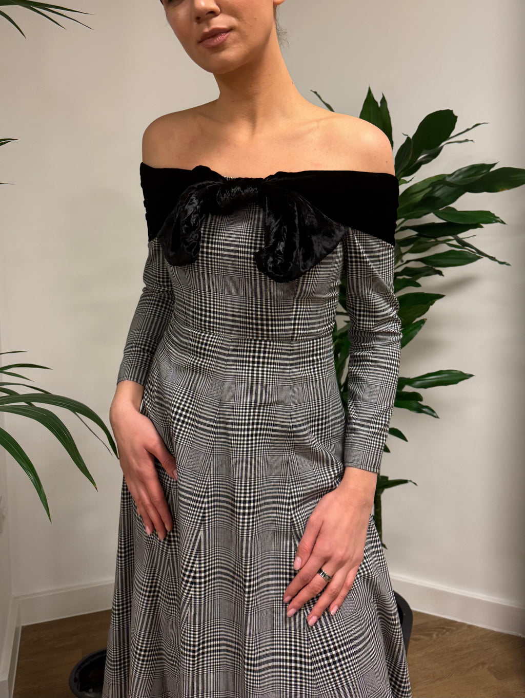 Off-shoulder Checked Maxi Dress