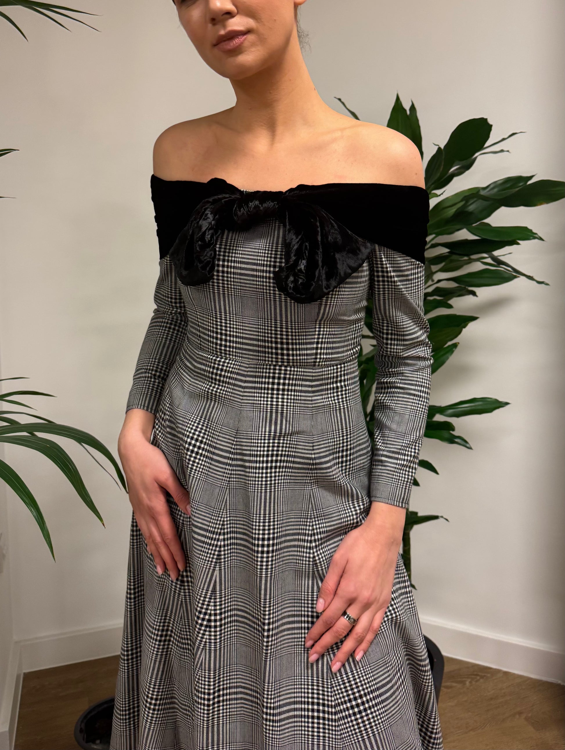 Off-shoulder Checked Maxi Dress