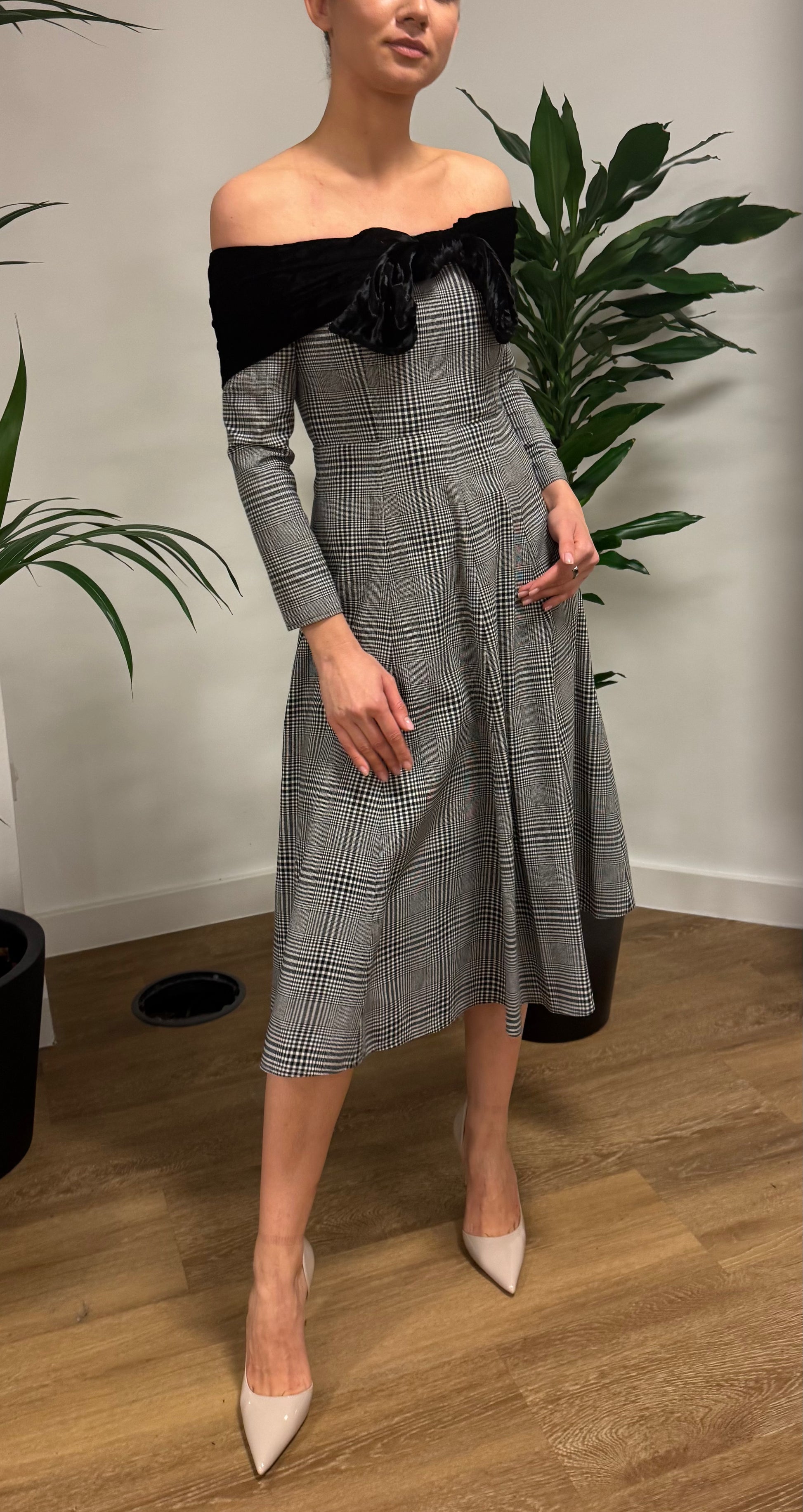Off-shoulder Checked Maxi Dress