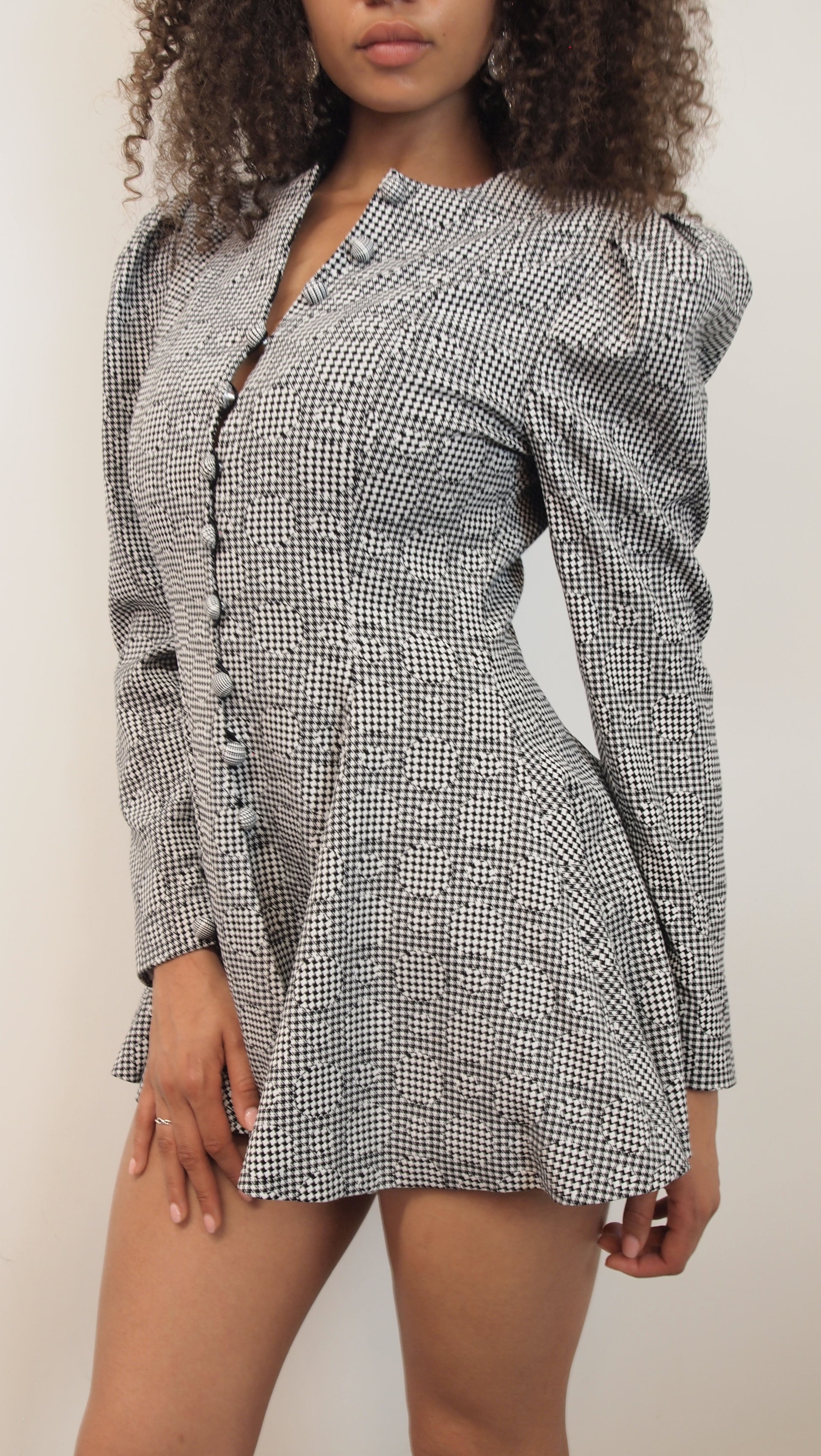 Gingham with Circular Motifs Flared Dress Jacket