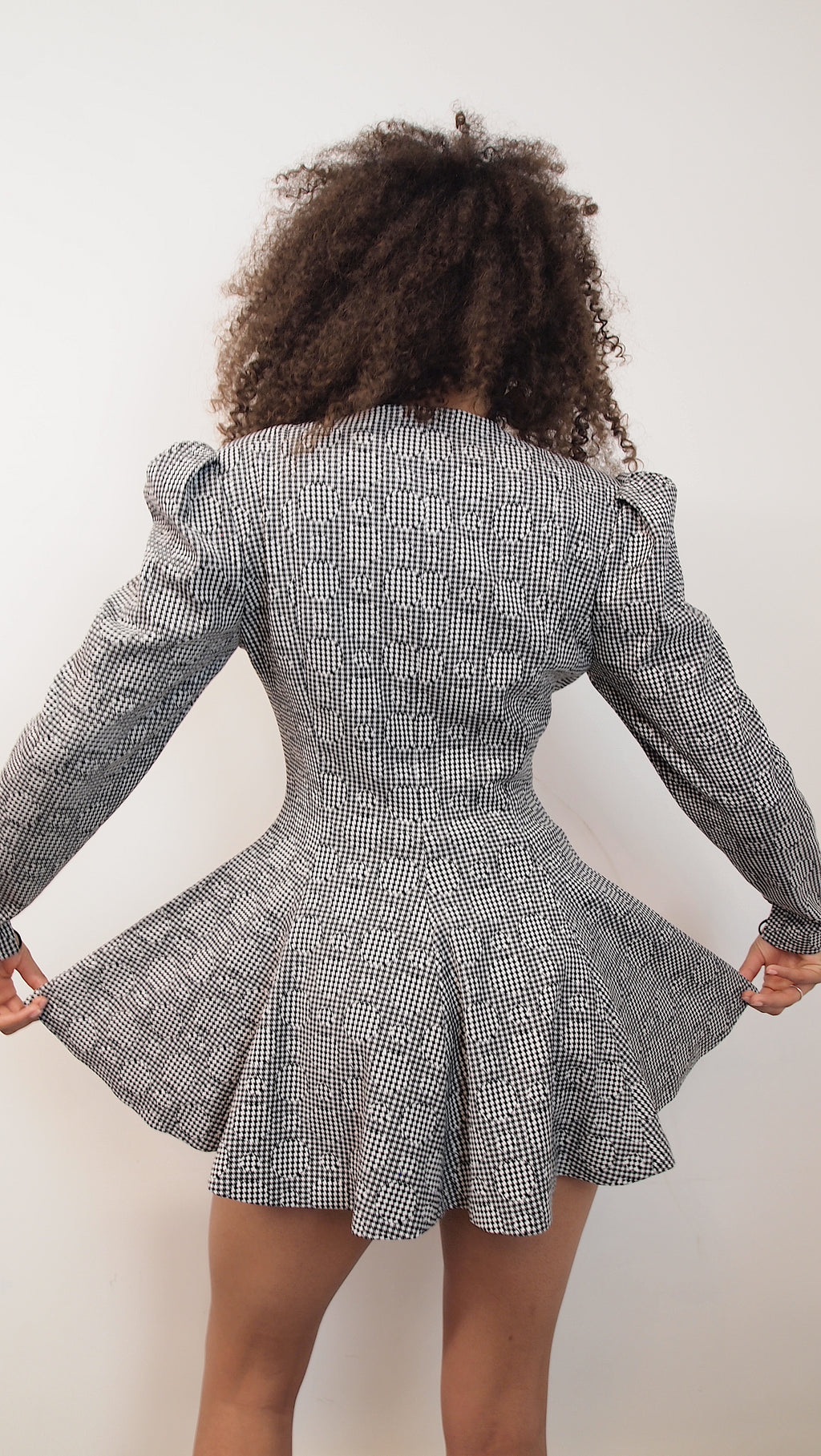 Gingham with Circular Motifs Flared Dress Jacket