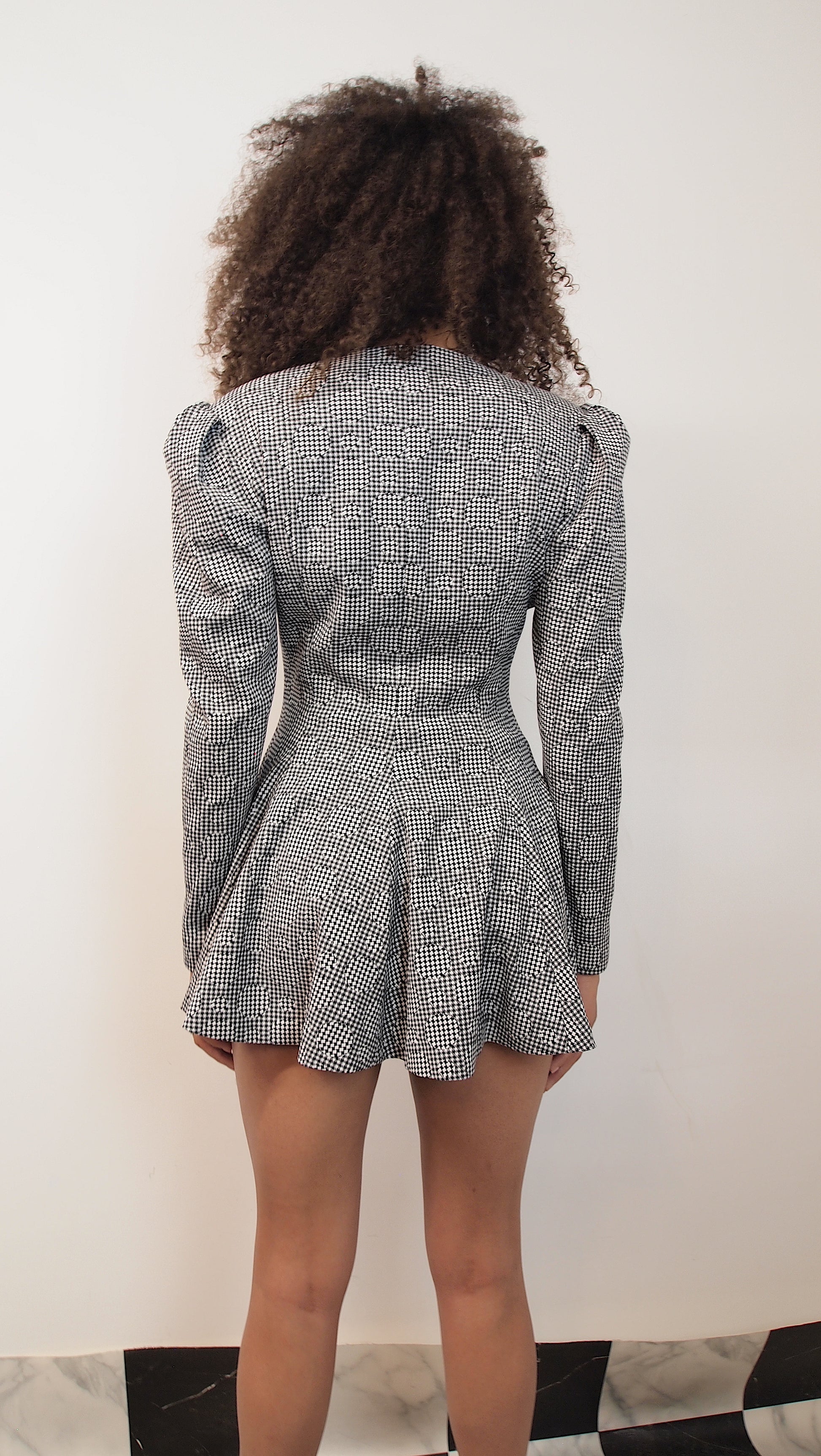 Gingham with Circular Motifs Flared Dress Jacket