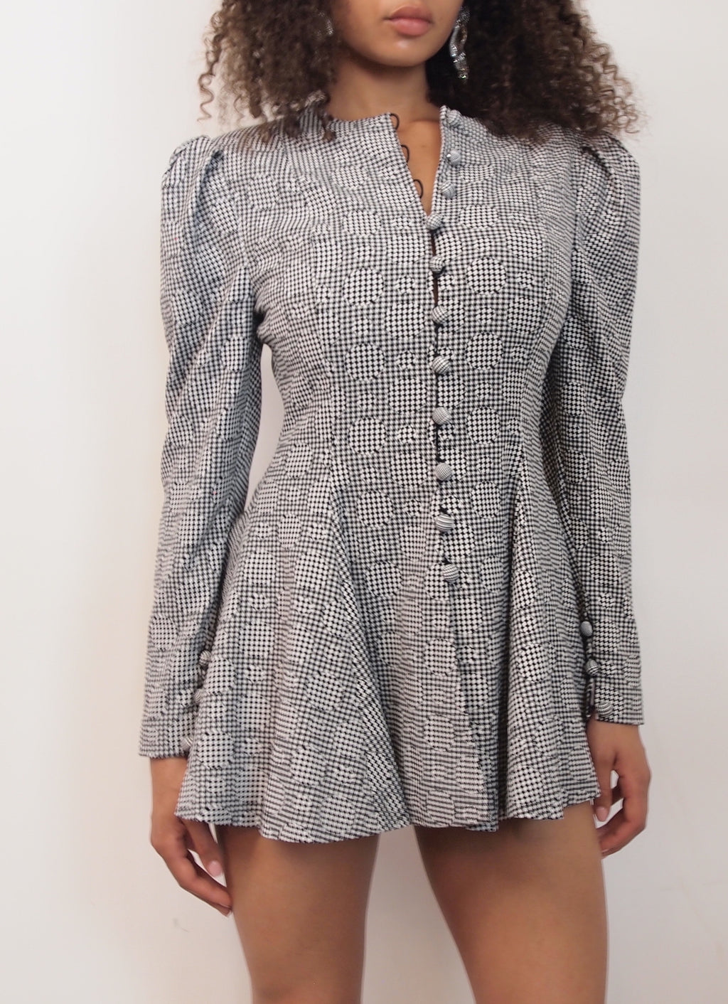 Gingham with Circular Motifs Flared Dress Jacket