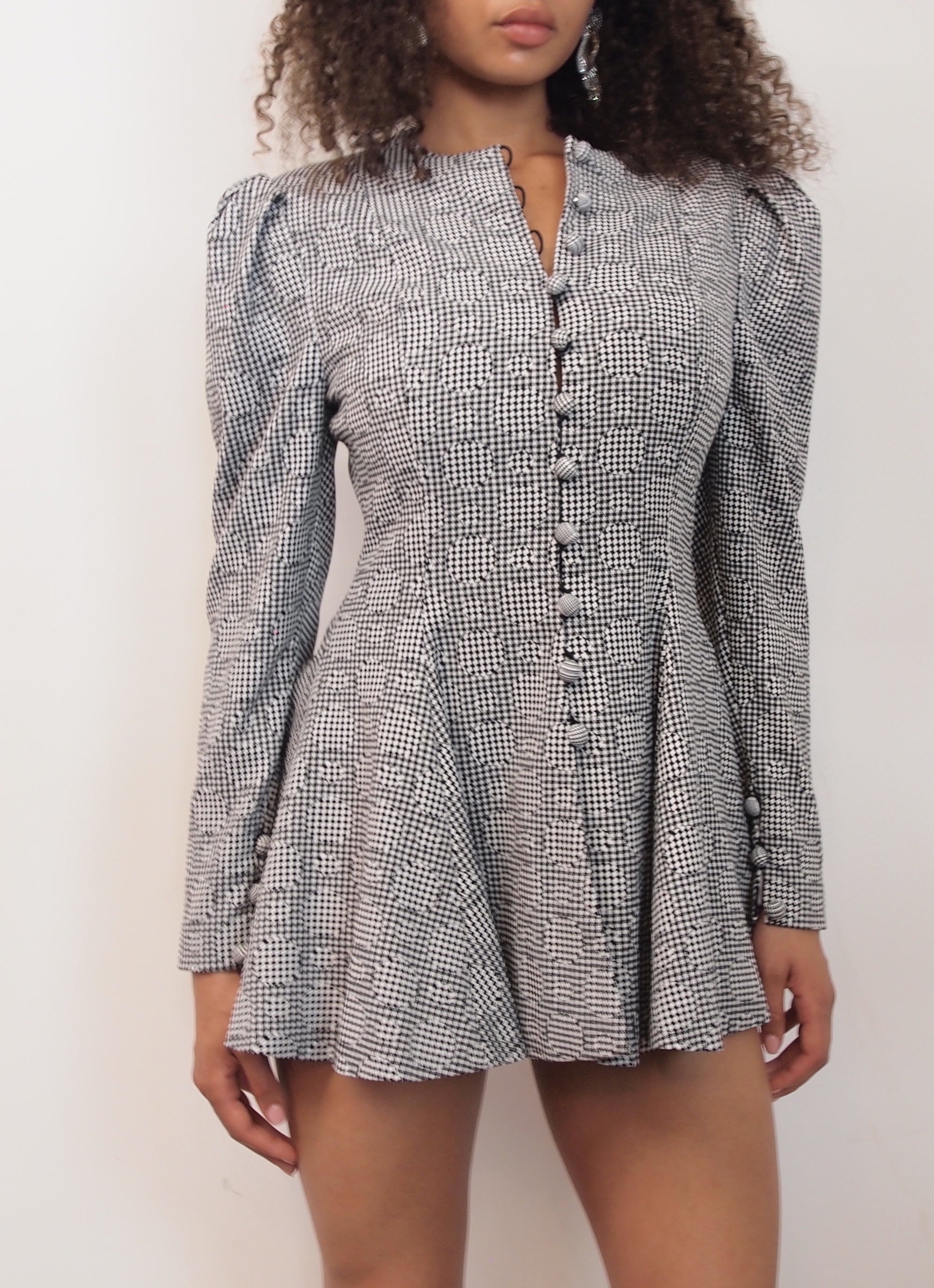 Gingham with Circular Motifs Flared Dress Jacket