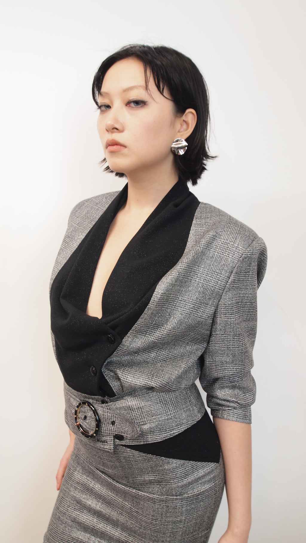 Cowl-collar Checkered Cropped Jacket with Belt