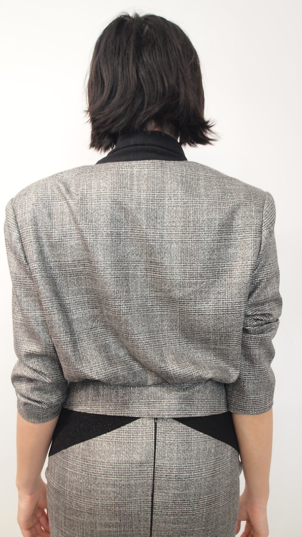 Cowl-collar Checkered Cropped Jacket with Belt