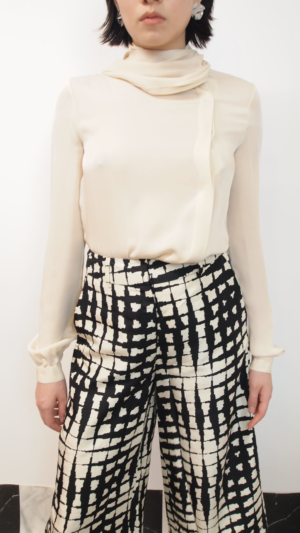 Cream Blouse with Scarf Neck