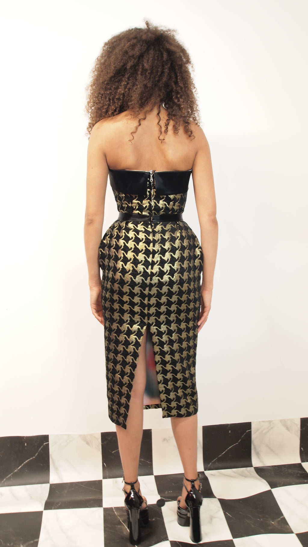 Black and Gold Houndstooth Pencil Skirt