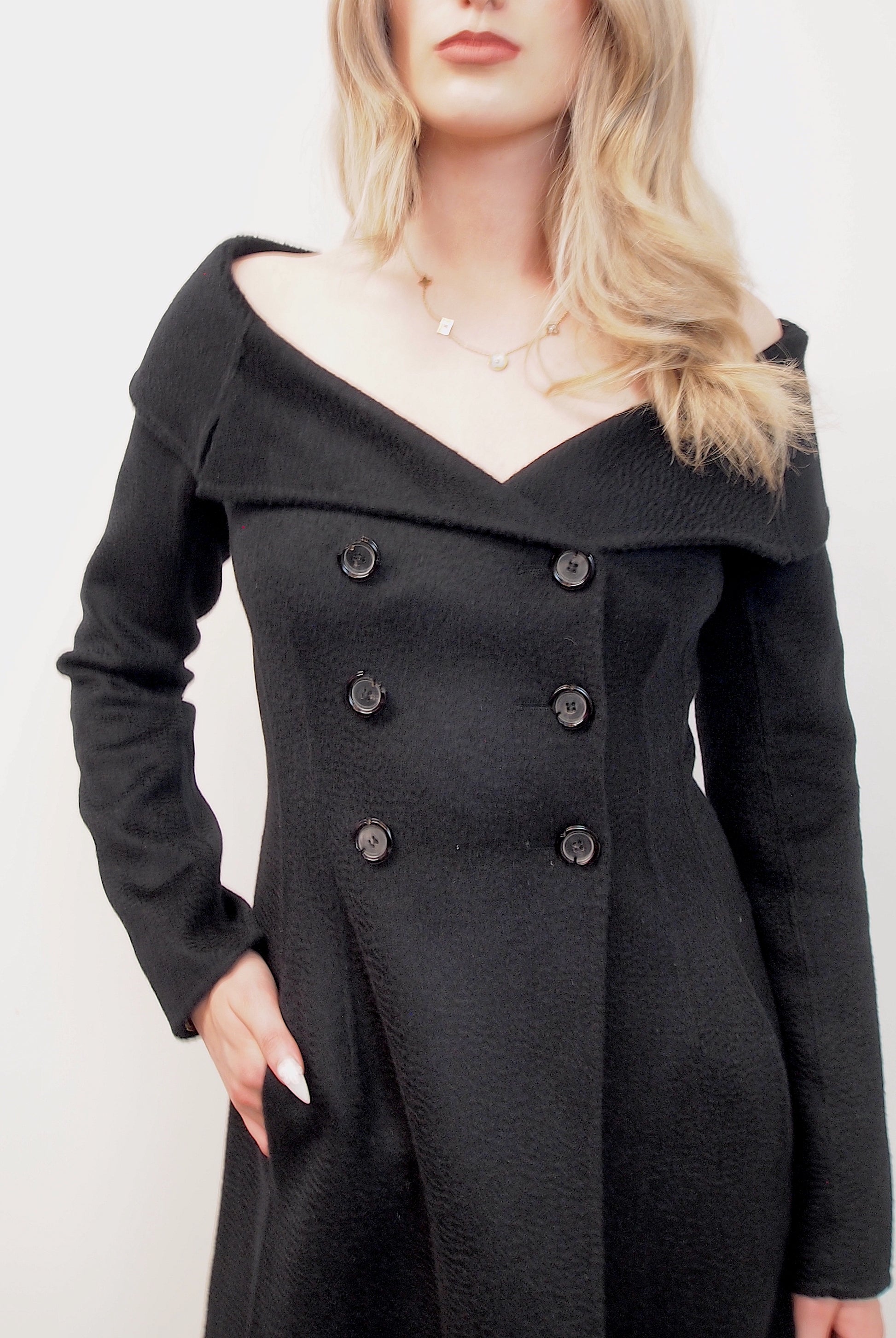 Off-shoulder Cashmere Midi Dress Coat WoodEarth Couture Off-shoulder Cashmere Midi Dress Coat WoodEarth Couture