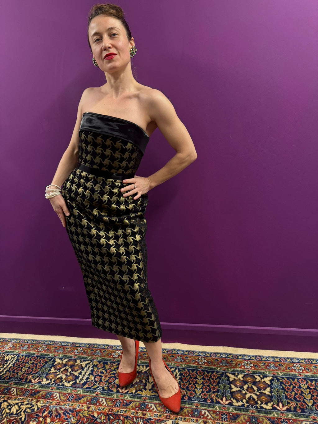 Black and Gold Houndstooth Pencil Skirt