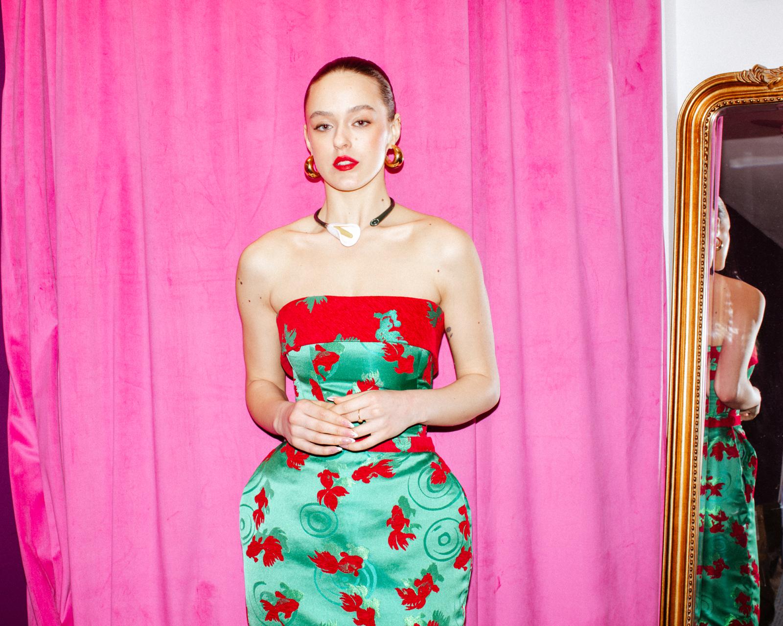 100% Silk Green Red Golden Fish Corset