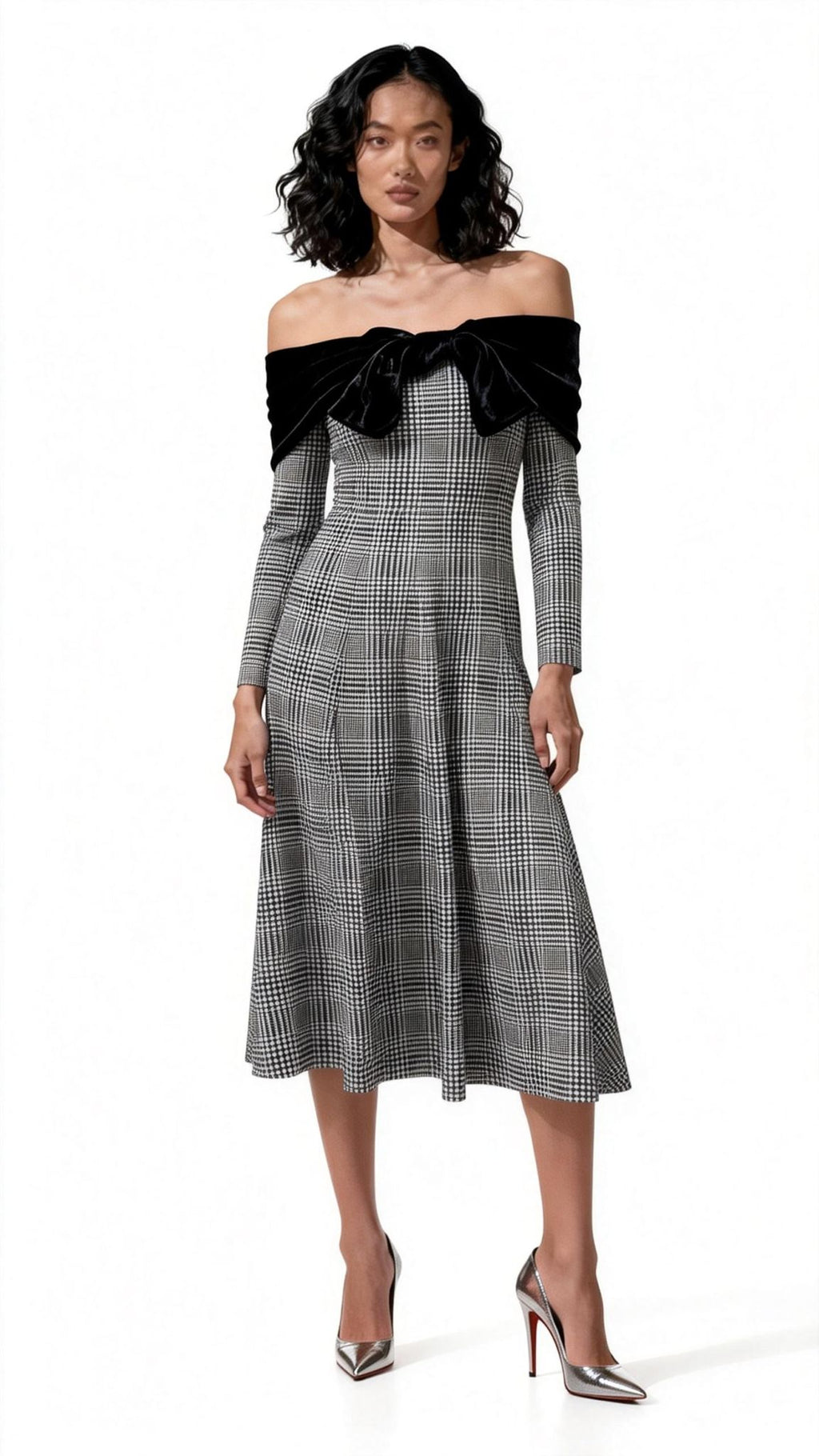 Off-shoulder Checked Maxi Dress